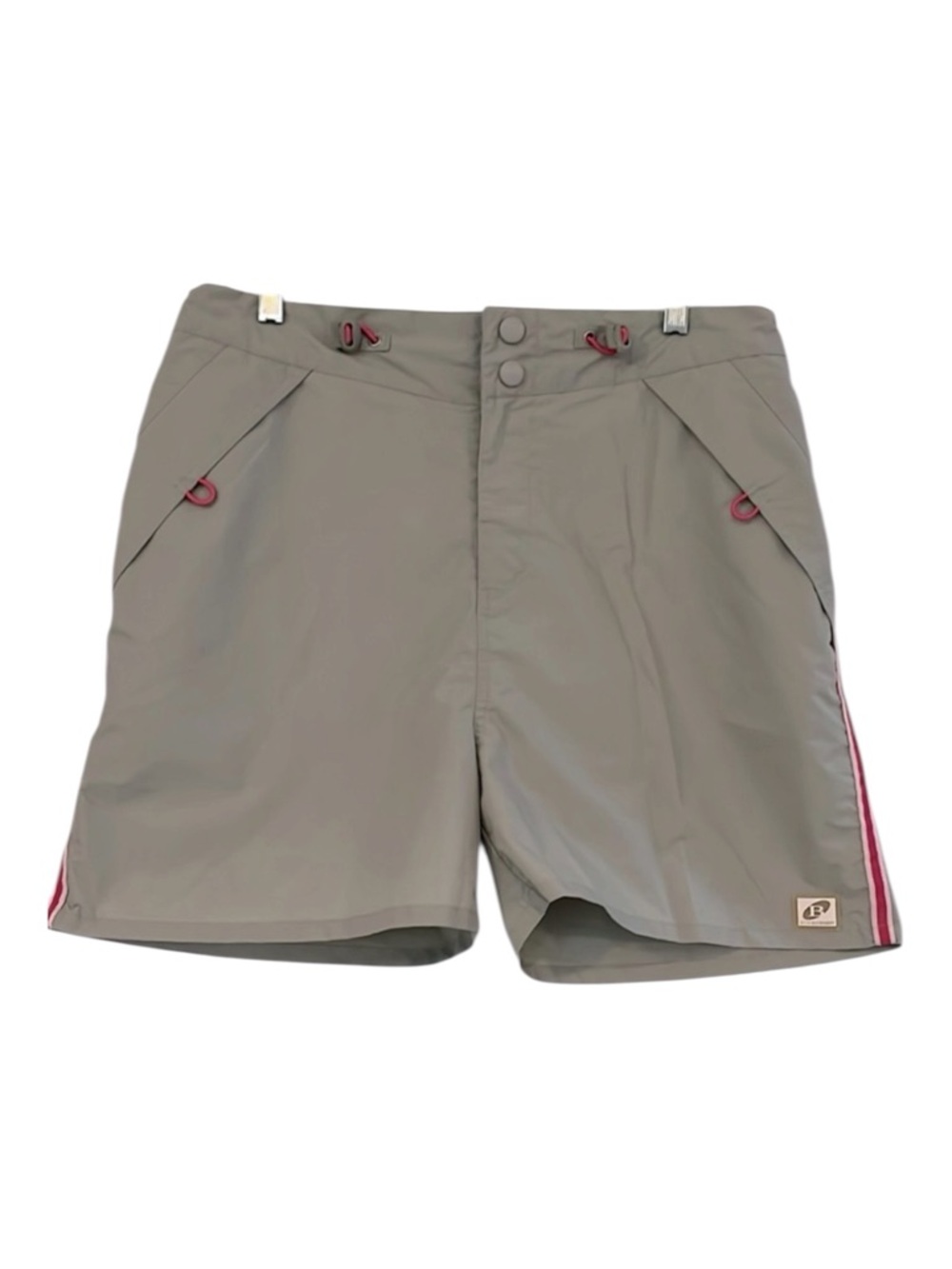 B.U.M. EQUIPMENT ATHLETIC SHORTS GRAY LIGHT AND DARK PINK RACING STRIPES SIZE L